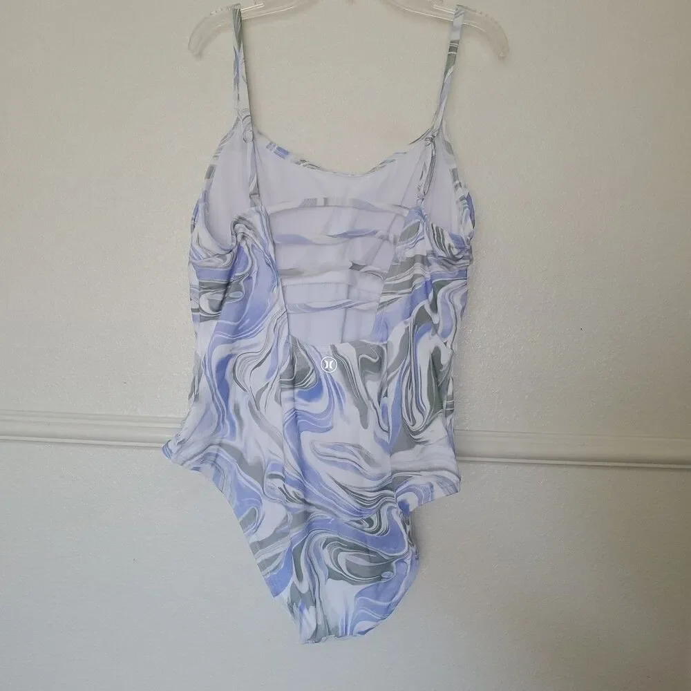Hurley Womens XXL Marble Swirl One Piece Swimsuit Blue White Strappy Back XXL